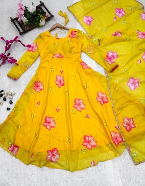 yellow tabi organza | complete linning | length - 52 | flair - 3.5+ m | sleeves length - 21 inches  fabric printed work festive 