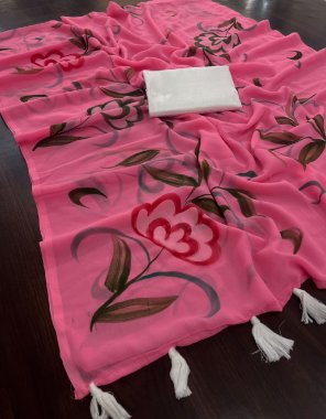 pink saree - soft 60 grm malay with hand pallu and fumka on pallu | blouse - banglory satin silk fabric printed work casual 