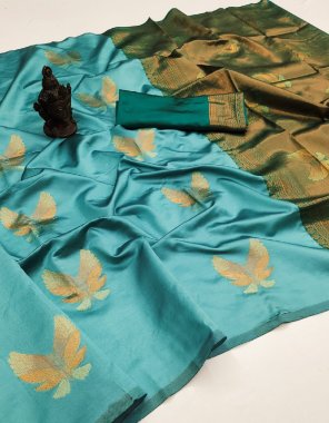 sky blue soft lichi silk copper jari with jacquard border fabric jacquard work festive 