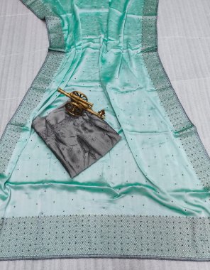 sky blue saree - rangoli silk with embroidery border work and heavy stone work | blouse - rangoli silk with heavy embroidery with stone work fabric embroidery work casual 