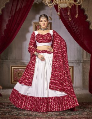 red lehenga - cotton with ikkat print with foil | waist - supported upto 46 | lehenga closer - drwasting | stitching - stitched with canvas with cancan | length - 42 | flair - 3.5 m | type - stitched | blouse - cotton with ikkat print with foil | blouse type  - unstitched ( 1 m ) | dupatta - cotton ikkat print with foil with lace border ( 2.3 m) fabric printed work ethnic 
