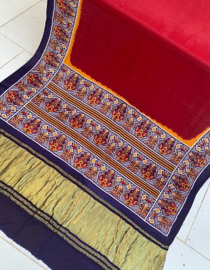 red gajji silk fabric with print & hand block print with jari chex pallu and lagdi patta fabric printed work party wear 