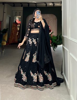 black lehenga - georgette | work - sequance thread embroidery work | waist - supported upto 42 | length - 41 | flair - 3.30 m | stitching - stitched with canvas and can can | lehenga closer - drawsting with zip | inner - micro cotton | lehenga type - stitched | blouse - georgette with sequance with thread embroidery work | type - unstitched | dupatta - georgette sequance embroidery lace border ( 2.3 m) fabric sequance work casual 