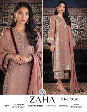 pink top - georgette with heavy embroidered | bottom & inner - santoon | dupatta - nazmin with heavy embroidered  fabric embroidery work casual 