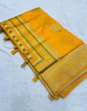 yellow banarash soft silk with meena jacquard richpallu | blouse - meena heavy  jacquard blouse  fabric jacquard work ethnic 