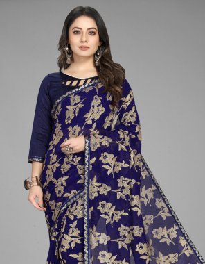 navy blue saree - georgette silk with jacquard work | blouse - heavy plain silk fabric jacquard work party wear 