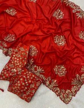 red saree -premium diamond chinon silk | blouse - mono banglory silk ( unstitched )  fabric embroidery work party wear 