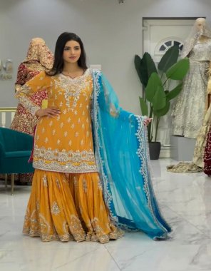 yellow top - heavy faux georgette with heavy embroidery sequance worked ( fully sleeves ) | top inner - heavy micro cotton | length - 38 - 39 inch | tip size - m ( 38 ) | l ( 40 ) | xl ( 42 ) | xxl ( 44 ) | plazzo - heavy faux georgette with heavy embroidery sequance work | plazzo inner - heavy micro cotton | plazzo length - 40 - 42 inch ( fully stitched ) | dupatta - heavy butterfly net with heavy embroidery sequance work with less border ( 2.40 m) fabric embroidery work party wear 