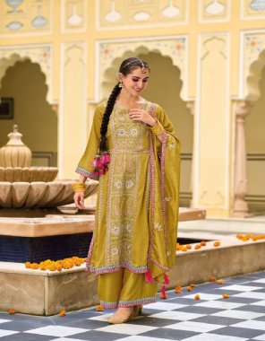 yellow top - premium silk with embroidery work ( jarkan & diamond work ) | dupatta - premium silk with embroidery work | plazzo - premium silk with embroidery ( front & back work ) | size - m ( 38 ) | l ( 40 ) | xl ( 42 ) | xxl ( 44 ) | 3xl ( 46 )  fabric embroidery work festive 