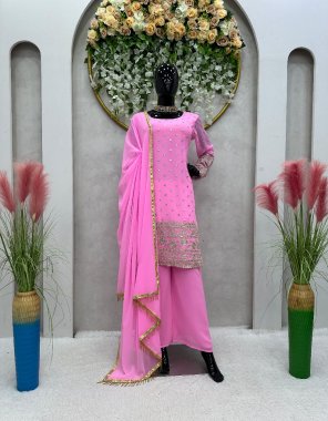 baby pink top - faux georgette | inner - micro | work - 9mm sequance with thread | stitch - full stitch upto xl ( 42 ) | plazzo - micro | stich - full stitch upto 44 with elastic | dupatta - faux georgette with four side lace border and fancy latkan ( 2.2 m) fabric sequance work festive 