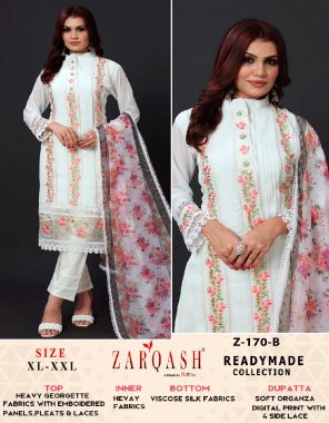 white top - heavy georgette fabric with embroidered panels pleats & laces | inner - heavy fabric | bottom - viscose silk fabric | dupatta - soft organza digital print with 4 side lace fabric embroidery work festive 