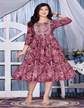 pink heavy 14kg rayon foil print with embroidery work and foil printed flared kurti | length - 45-46 fabric printed work festive 