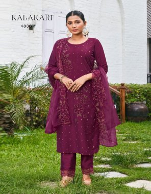 rani top - jacquard viscose with fancy aplic work with full inner | bottom - viscose with fancy embroidery work | dupatta - organza with fourside scalping border  fabric embroidery work casual 