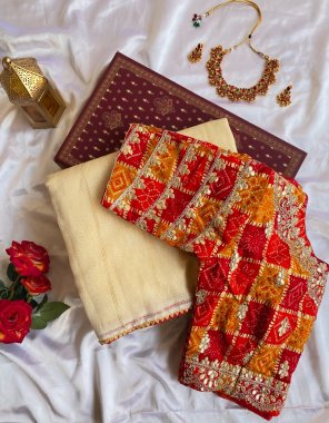 cream soft tissue with fancy temple lace border & zari stripe | blouse - free size stitched padded bandhani blouse | margin upto 42 size  fabric plain work festive 