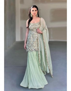green top - heavy faux georgette with sequance embroidery work with ( extra sleeve cloth plain ) | inner - micro cotton | top length - 37-38 inch | top size - m ( 38 ) | l ( 40 ) |xl ( 42 ) | xxl ( 44 )| sharara plazzo - heavy faux georgette with ready made less work ( fancy stitched sharara plazzo style and length is 41 - 42 ) | plazzo inner - micro cotton | dupatta - heavy georgette material with sequance work with fancy less (  2.30 m) fabric sequance work festive 