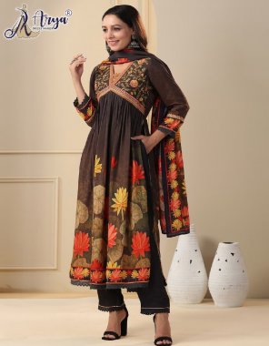 brown gown - heavy muslin print | pant - rayon cotton | dupatta - muslin ( 2.25 m )| style - alia cut style fabric printed work ethnic 