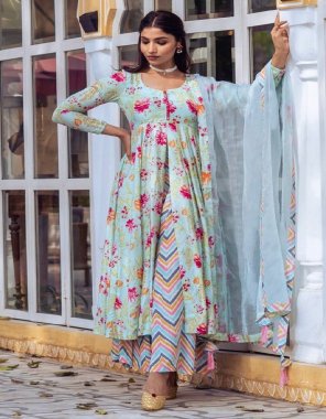sky blue gown - heavy american crepe with digital floral printed | inner - micro cotton | length - 52 