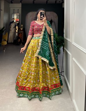 yellow lehenga - jacquard silk | lehenga work - patola print | waist - supported upto 42 | stitching - stitched with canvas | length - 41 | flair - 3.60 m | inner - micro cotton | lehenga type - stitched | blouse - pure cotton patola printed with foil | length - 1 m ( unstitched ) | dupatta - original bandhej silk with lace border ( bandhani dupatta ) ( 2.3 m) fabric printed work casual 