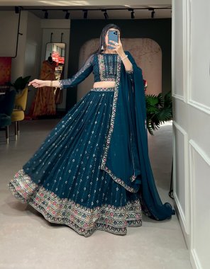 rama lehenga - georgette | lehenga work - sequance with thread embroidery work | waist - supported upto 42 | lehenga closer - drawasting with zip | stitching - stitching with canvas and can can | length - 41 | flair - 3.50 m | inner - micro cotton | type - stitched | blouse - georgette sequance thread embroidery work lace border ( 2.5 m) fabric sequance work party wear 