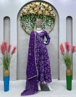 purple suit - muslin with inner | work - digital printed with handwork | size - m ( 38 ) | l ( 40 ) | xl ( 42 ) | pant - crep | work - plain | size - free ( stitched with elastic ) | dupatta - faux georgette with sequance with fancy lace ( 2.2 m) fabric digital printed work ethnic 