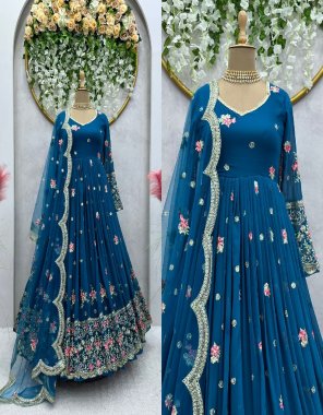 sky blue suit - faux georgette with inner | work - thread with sequance work | size - m ( 38 ) | l ( 40 ) | xl ( 42 ) | pant - crep | work - plain | size - free ( stitched with elastic ) | dupatta  - soft net with thread with sequance ( 2.2 m) fabric sequance work festive 