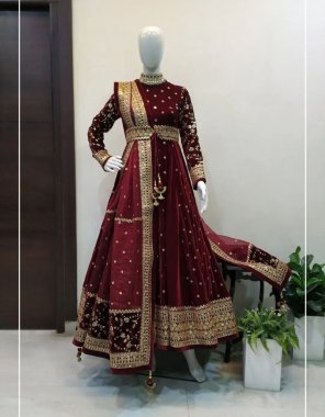 maroon top - 9000 velvet with inner | work - thread with sequance work | size - upto 42  ( full stitched ) | kamar belt with sequance work | dupatta - soft net with thread with sequance work ( 2.1 m)  fabric thread work work festive 