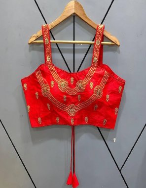 red phantom silk | heavy embroidery worked | back open dori | sleeves less  fabric embroidery work casual 