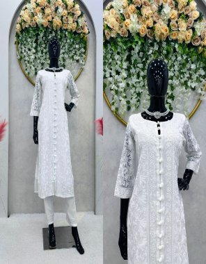 white suit - faux georgette | work - chain stitch | length - 46 | size - l ( 40 ) |xl ( 40 ) | xxl ( 44 ) | xxxl ( 46 ) | 4xl ( 48 ) | pant - crep | work - chain stitch | length - 39 | size - full stitched with elastic ( upto 44 )  fabric embroidery work ethnic 