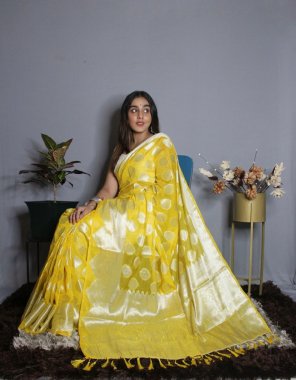 yellow pure soft organza with silver jacquard with rich pallu jacquard border fabric jacquard work ethnic 