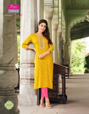 yellow classy rayon foil printed with fancy embroidery work | length - 46 