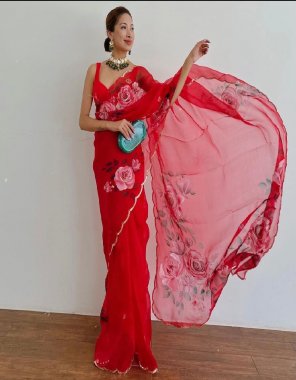 red pure organza with 3d flower printed and handcrafted work ( 4.5m ) | blouse - red silk fabric handwork work ethnic 