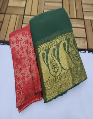 dark green pure chiffon jacquard border with chit pallu | blouse - contrast jacquard border fabric jacquard work casual 