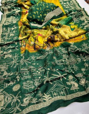 dark green pure viscose dola silk with varli zari weaved border  fabric weaving work ethnic 