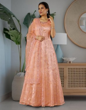peach gown - lining butter crepe | gown work - embroidery and beads work + zarkan handwork neck | dupatta - butterfly net with embroidery and cut work | size - 2.4m x 40