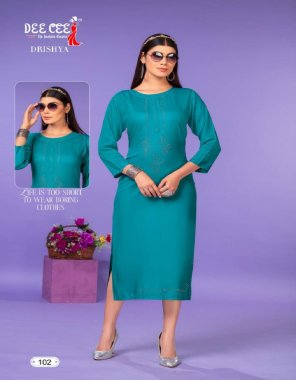 sky blue heavy rayon plain | a line kurti with hotfix diamond placement on neck and on damand | regular 3/4 sleeves | length - 44 