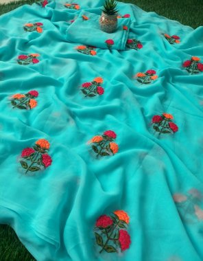 sky blue saree - soft georgette multi embroidery flower work | blouse - georgette multi work fabric embroidery work festive 