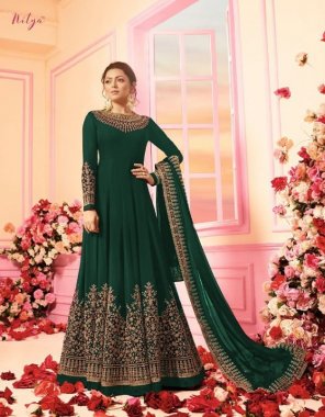 dark green top - faux georgette with codding work | sleeves - faux georgette with embroidery work | inner & bottom - santoon | duaptta - nazmin | length - max upto 56 | size - max upto 46 | flair - 3m | type - semi stitched fabric embroidery work party wear 
