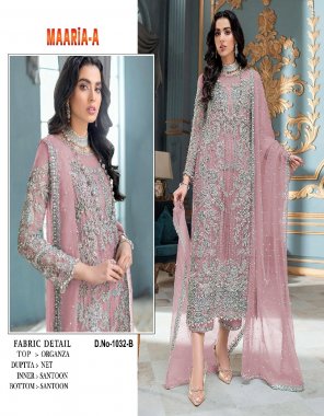 baby pink top - heavy organza with embroidery seqaunece work with stone | bottom - heavy santoon patch | inner - heavy santoon | dupatta - heavy net with embroidery sequance work | size - max upto 58 