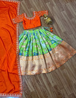 parrot green blouse -  chinon silk with heavy embroidery work ( padded ) [ full stitched ] | lehenga - chinon silk with digital printed kalamkari work with zari weaving border | linning / inner - micro cotton | dupatta - chinon silk with heavy embroidered work  fabric embroidery work casual 
