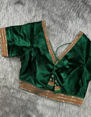 dark green heavy pure soft velvet with tricot fuising | with heavy embroidery work | latkans on back side | back side open  fabric embroidery work festive 