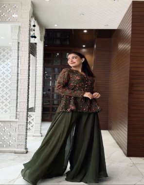 dark green top - heavy fox georgette | work - fancy embroidery tread and sequance work with unstitched button and zig zag lace border | sleeves - full sleeves with fancy embroidery thread and sequance work | inner - micro cotton | top length - 29-30 inch | top size - xl full stitched with xxl margin | plazzo - heavy  faux georgette | inner - micro cotton | plazzo length - 40 - 42 inch | upto xxl fabric embroidery work festive 