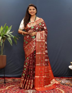 maroon soft silk saree with brocade blouse | patola saree fabric weaving work festive 