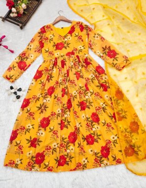 yellow soft organza | complete linning ( heavy micro ) | length - 52 | sleeves - 21 | flair - 3.5 m  fabric printed work festive 