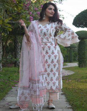 white kurta - viscose cotton ( cotton blend )  with printed | type - a line | neck - round neck | sleeves - 3/4 sleeves with bell sleeves  | fornt length - 46 '' inch | bottom - viscose cotton ( cotton blend ) | bottom pattern - printed | type - pant | bottom length - 38