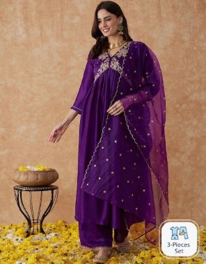 purple top - vichitra silk with embroidery work ( length - 45 ) | bottom - vichitra silk ( length  - 38 ) | dupatta - heavy organza with embroidery sequance ( length - 2.10 m) fabric embroidery work party wear 