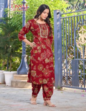 red top - premium rayon 16kg print | work - heavy embroidery lace work and 2 side pockets | bottom - premium rayon 16kg print | sleeves - 3/4rth | length - 44 fabric printed work party wear 