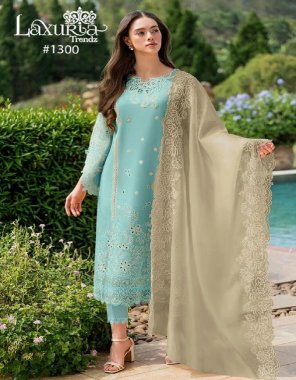 sky blue top - fox georgette | inner - santoon |  dupatta - organza | bottom - cotton strachable | ( pakistani copy )  fabric embroidery work casual 