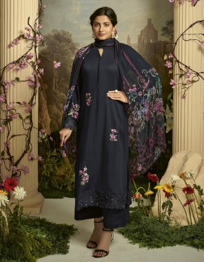 black silk with floral embroidery fabric embroidery work festive 