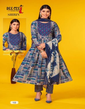 navy blue heavy chanderi print | pattern - flared long naira cut | work - computer embroidery yock and lace | bottom - lace printed chanderi fabric with one side pocket | dupatta - naznin batik dying with four side lace | length - 46 | ghera - 40 | ( size for 3xl to 5xl 935/-) fabric embroidery work festive 