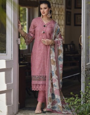 pink top - linen cotton | work - embroidery | bottom - rayon | dupatta - linen cotton  fabric embroidery work casual 